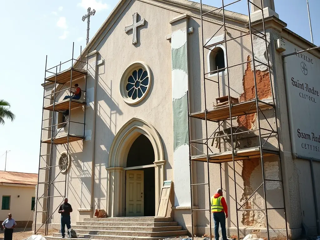 A photograph showcasing the Saint-André church in Mbour, Senegal, with ongoing construction or renovation work. The image should highlight the progress being made and the impact of SESAM-MBOUR's fundraising efforts on the church's development.
