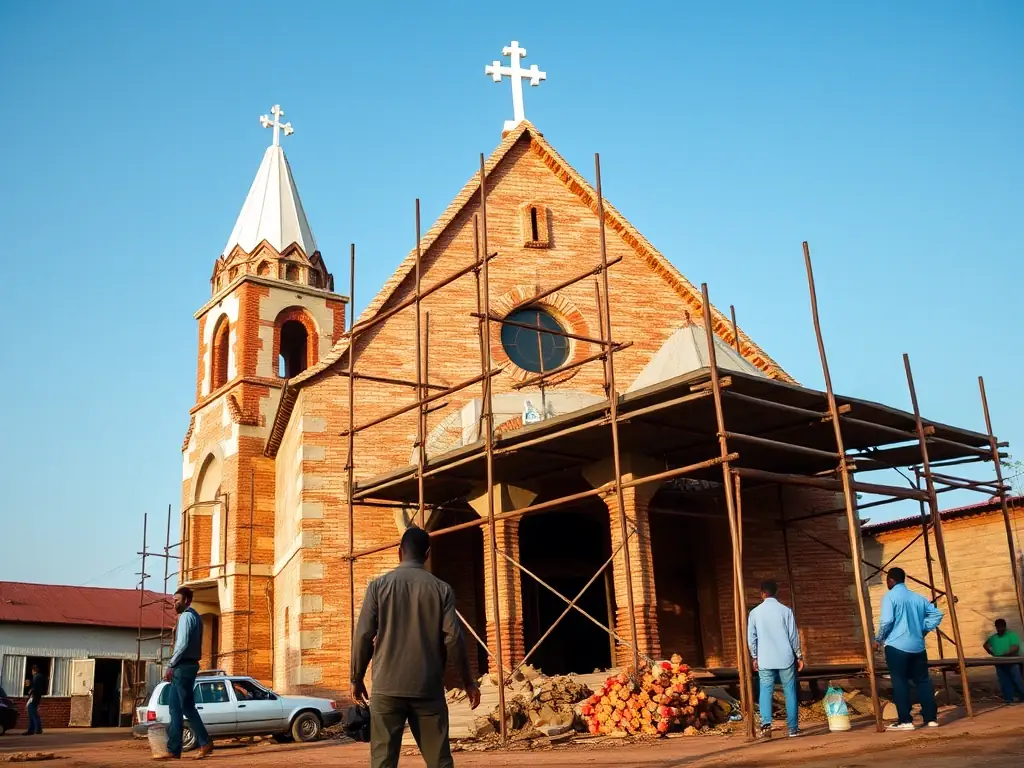 A photograph depicting the construction progress of the Saint-André church in Mbour, Senegal, highlighting the architectural details and the involvement of local workers. The image should emphasize the tangible impact of SESAM-MBOUR's fundraising efforts.